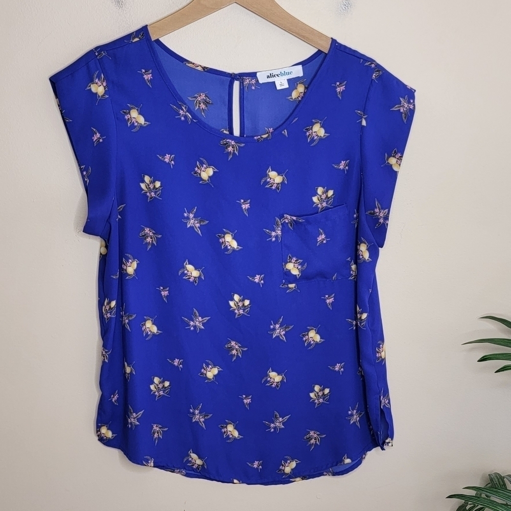 Alice Blue Blue Lemon Print Short Cap Sleeve Blouse Size Large